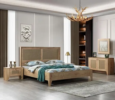 Image de 5pcs chambre à coucher ensemble lit + 2x tables de chevet + commode + armoire moderne