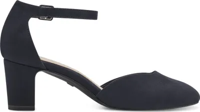 A side view of a navy blue women's pump with an ankle strap.
