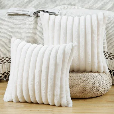 Obrázek produktu pro Dekorativní povlaky na polštáře, Umělá kožešina, plyš, proužkované, krémová a bílá barva, 40 x 40 cm, sada 2 kusů