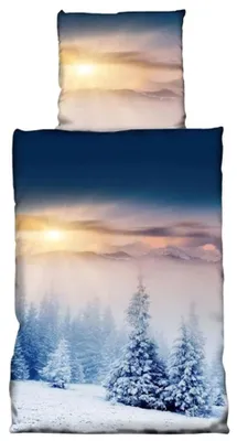 Produktbild von Winter Fleece Bettwäsche 135x200 Flausch Thermofleece Bettbezug Tannen Berge Weinachten 2 tlg