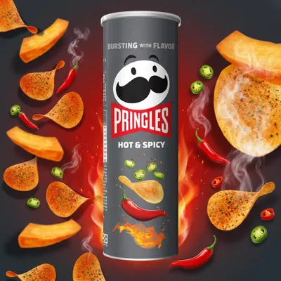 Produktbild von Pringles Hot & Spicy 165 g – Knusprige Kartoffelchips mit scharf-würziger Gewürzmischung + Heartforcards Versandschutz, KI-generiertes Bild