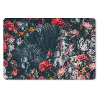 Produktbild von MuchoWow® Schreibtischunterlage Pferd - Blumen - Schwarz 60x40 cm - XXL Mauspad - Großes Mauspad