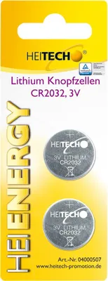 Zdjęcie produktu dla Heitech Lithium Button Cells 2 pcs, CR2032, Jednorazowa bateria, CR2032, Lit, 3 V, 2 szt., Srebrny