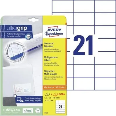 Produktbild von Avery Zweckform 6174 Universal-Etiketten, 70 x 42,3 mm, Geeignet für Deutsche Post INTERNETMARKE, 25 Blatt/525 Etiketten, weiß