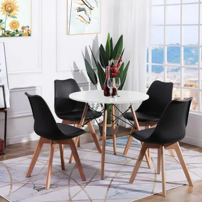 Produktbild von Esstisch-Set mit 4 Stühlen, rund, weißer Tisch, schwarze skandinavische Stühle, MDF, 80x80x75 cm
