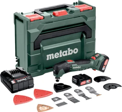 Produktbild von Metabo PowerMaxx MT 12 Akku Multitool Multifunktionswerkzeug 12 V + 2x 2,0 Ah Akku + Ladegerät + Schleif Zubehör Set 18 tlg. + metaBOX 145 ( 613089510 )