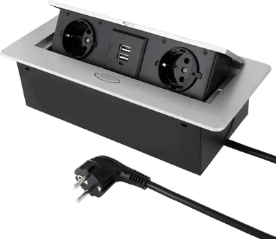 Produktbild von Versenkbare Aluminium Einbausteckdose 2-fach + USB - silber