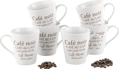 Produktbild von Esmeyer 6 Kaffeebecher FAKT, Inhalt: 0,25 Liter aus weißem Porzellan mit braunem Druck Cafe Noir, 302-007