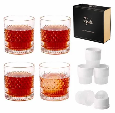 Immagine prodotto di Set di 4 bicchieri da whisky in cristallo, con stampi per cubetti di ghiaccio, capacità 335 ml, senza piombo, confezione regalo