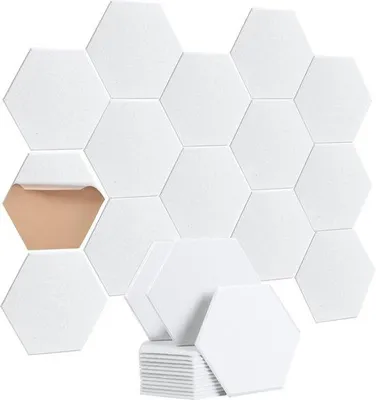Obrázek produktu pro Akustické šestiúhelníkové zvukově izolační desky, samolepicí – sada 12 kusů – bílé – 30 x 26 x 9 cm – do obývacích pokojů a kanceláří