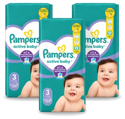 Zdjęcie produktu dla 3 sztuki pieluch dla niemowląt Pampers Active Baby, rozmiar 3, 6-10 kg - opakowanie ekonomiczne
