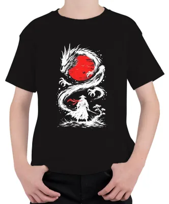 Immagine prodotto di Maglietta per bambini, taglia 152, con stampa raffigurante un drago samurai giapponese, il sole rosso, il Bushido, il Giappone, l'era Y2K, un ronin e elementi zen. Colore: nero