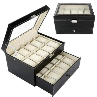 Produktbild von Uhrenbox Uhrenkoffer für 20 Uhren Koffer Uhrenkasten 2 Etage mit Glasfenster 28.2×20.2×16.5cm