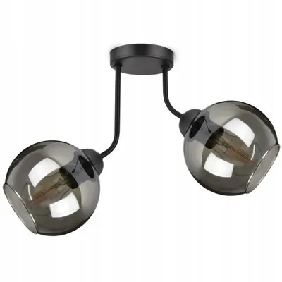 A black ceiling lamp with two smoked glass globes.