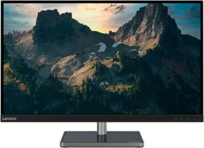 A Lenovo monitor displaying a mountain landscape.