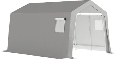 Image de Outsunny Abri de jardin, abri vélo extérieur avec porte enroulable zippée et fenêtres ventilées, tente de stockage étanche et anti-UV, pour vélo, moto, outils de jardin, 3 x 4,5 x 2,5 m, gris clair