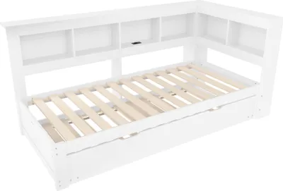 Immagine prodotto di okwish divano letto 90x200 daybed con materasso, letto per ragazzi con letto estraibile e rete a doghe, daybed con presa di corrente e 2 porte USB, bianco
