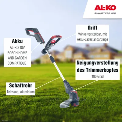 Zdjęcie produktu dla Akumulatorowa podkaszarka elektryczna AL-KO GT 1825, akumulator litowo-jonowy 18 V, szerokość koszenia 25 cm, wałek teleskopowy, automatyczna końcówka, w zestawie zapasowa szpulka nici