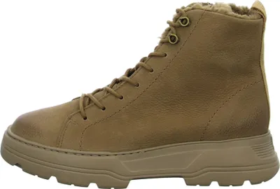 A side view of a single brown boot.