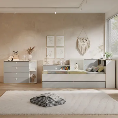 Produktbild von Jugendzimmer Bett 90x200 cm Liegefläche in Grau mit Weiß, inkl. Kommode, 2-teilig - POZZALLO-166, KI-generiertes Bild