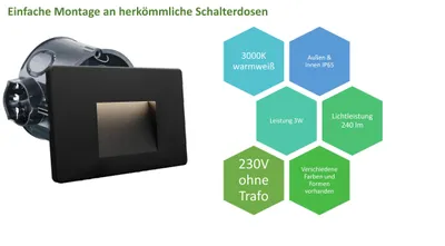 Produktbild von Braytron 3W LED Treppenlicht Treppenbeleuchtung Treppenleuchte Stufenlicht Stufen Leuchte Eckig Schwarz 3CCT