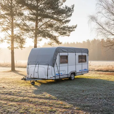 Produktbild von Dachschutzplane 8x3 m Grau 160g/m² – Atmungsaktive Wohnmobil & Wohnwagen Abdeckplane | Wetterfester Schutz mit Gurtsystem