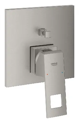 A close-up studio shot of a modern bathroom faucet control panel.