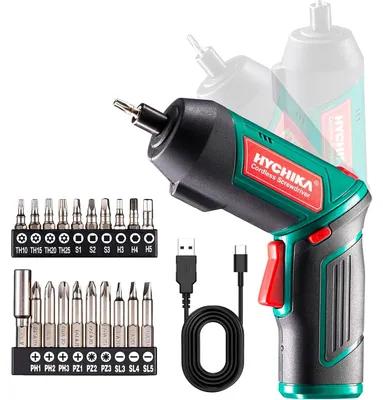 Imagen del producto de Atornillador inalámbrico HYCHIKA, con un par de torsión de 6 N·m y una batería de 2000 mAh de 3,6 V, que incluye 20 accesorios, luz LED y un portabrocas magnético para tornillos