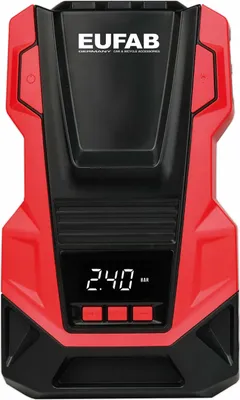 A red and black EUFAB air compressor is shown against a white background.