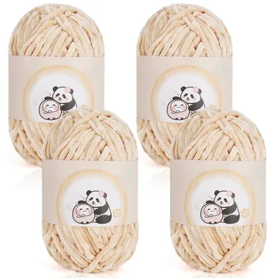 Image de Fil chenille Garn 400g, lot de 4 pelotes, idéal pour le crochet et le tricot, parfait pour réaliser des couvertures pour bébé, des écharpes et des chaussettes, couleur camel