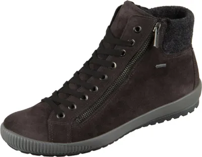 A single brown high-top sneaker with black laces and a zipper on a white background.