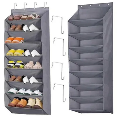 Zdjęcie produktu dla Półka na buty wisząca, szara, z 8 przegródkami, do montażu na drzwiach lub w szafie, wymiary: 159x43x17 cm