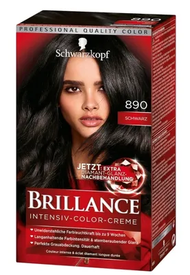 A box of Schwarzkopf Brillance hair dye, featuring a model with dark hair.