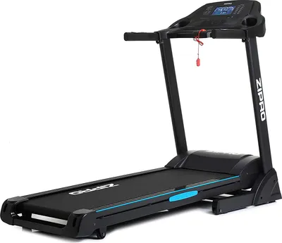 A black treadmill with blue accents is shown against a white background.