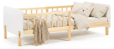 Produktbild von Homestyle4u Kinderbett 90x200 mit Rausfallschutz Holzbett Weiß Lattenrost Kiefer Massivholz