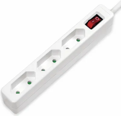 A white power strip with three sockets and a red on/off switch is shown against a white background.