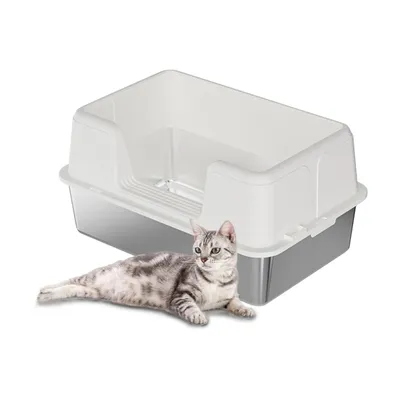 Image de Bac à litière en acier inoxydable Bac à litière ouvert à haut rebord avec tapis antidérapant et pelle inclus Blanc 50*35*26.5 cm