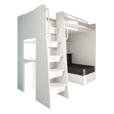 Produktbild von Marlux-Meble Hochbett JSM-7 90x200 TREPPE Links mit Schreibtisch Schränke und Ausklappbares Sofa 70x180 Matt Funktionsbett Etagenbett Stockbett Kinderhochbett Jugendhochbett (Weiß Matt)