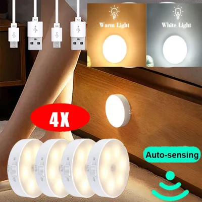 Produktbild von 4Pcs LED Nachtlicht mit Bewegungsmelder Nachtlicht Nachtlampe Schrank Treppenlicht Warmweiss
