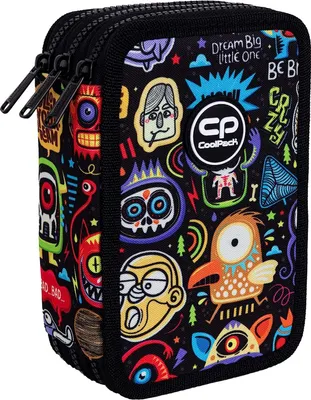 Produktbild von Federtasche 3-fache Federmappe Scary Stickers Federmäppchen 46-teilig gefüllte Schüleretui Stifte und Pinsel inkl. Aufgabenheft Federbox Etui Stiftetasche Schlamper-Etui Schul-Etui