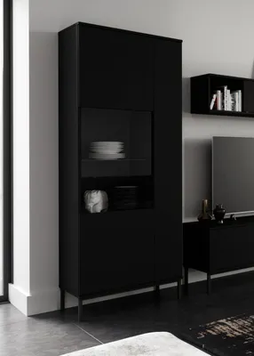 Produktbild von Vitrine Dallas WIT70, Standvitrine für Wohnzimmer, Stilvoll Vitrinenschrank 2-Türen (Farbe: Schwarz)
