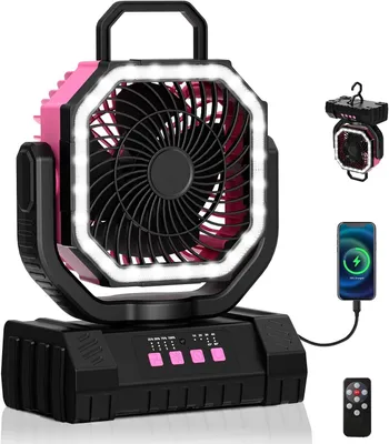 Produktbild von Campingventilator mit Licht, auto-oszillierender Tischventilator mit Fernbedienung, batteriebetriebener Zeltventilator mit Haken, USB-Tischventilator