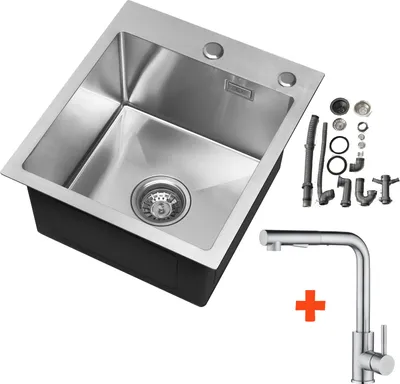 A stainless steel kitchen sink with a faucet and plumbing accessories, presented on a white background.