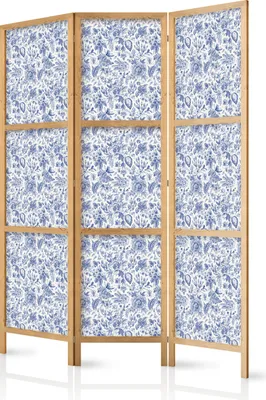 Produktbild von 3-teiliger Einseitiger Vlies Japanischer Paravent - Illustration in Vintage Style - Blue Flowers on a White Background 135x172 cm Abstrakt b-B-10452-bh-a