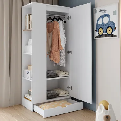 Image de Flieks Armoire penderie avec étagère et tiroir, armoire penderie avec tringle, armoire à une porte, 70x40x170cm, blanc
