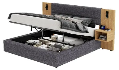 Imagen del producto de Cama tapizada de 160x200 cm con 2 mesitas de noche, cama con espacio de almacenamiento hidráulico, con puerto USB e iluminación, en color gris terciopelo y natural, ideal para el dormitorio