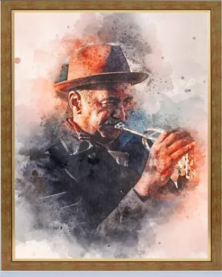 A watercolor-style painting of a man playing a trumpet, framed.