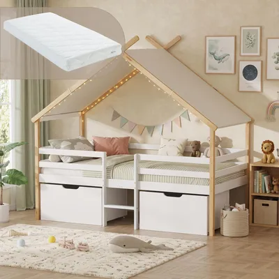 Produktbild von Hausbett 'Surnadal' mit Matratze 90 x 200 cm mit Rausfallschutz, Leiter und abnehmbarem Dach Kiefernholz Weiß / Natur
