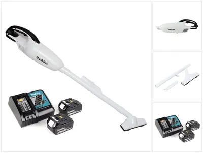 A white cordless vacuum cleaner with two batteries and a charger, displayed on a white background.