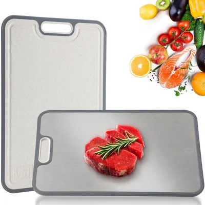 Image de Planche à découper en titane pour la cuisine, planche à double face pour la viande, les légumes et les fruits, 38,5 x 26,5 cm, grande planche à découper en titane avec poignée, facile à nettoyer